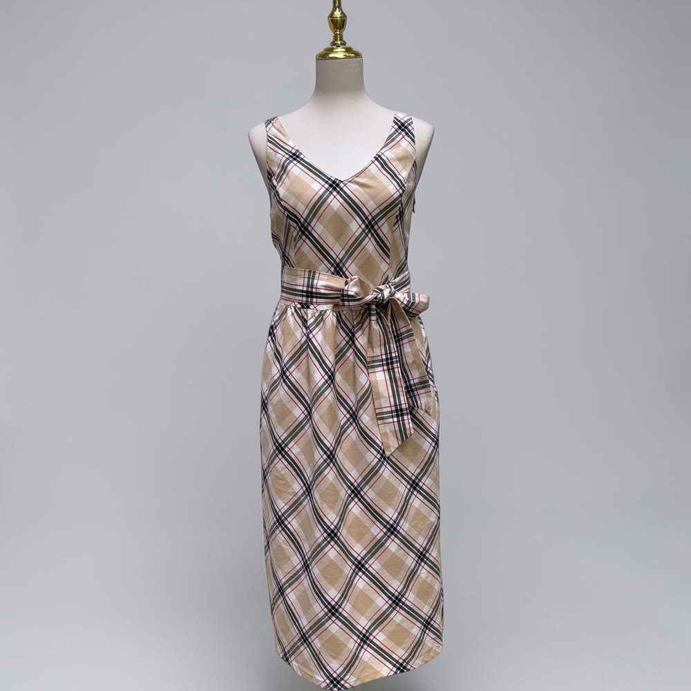 Hope & Henry Plaid Midi Dress 10 Tan‎  Organic Cotton Belted V-Neck A Line